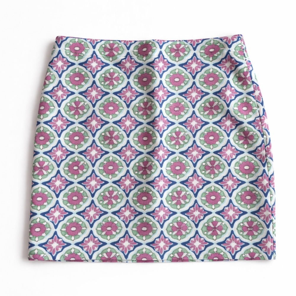 Talbots Petite Mini Skirt Preppy Floral Tile Print Spring Blue Green Pink 2P